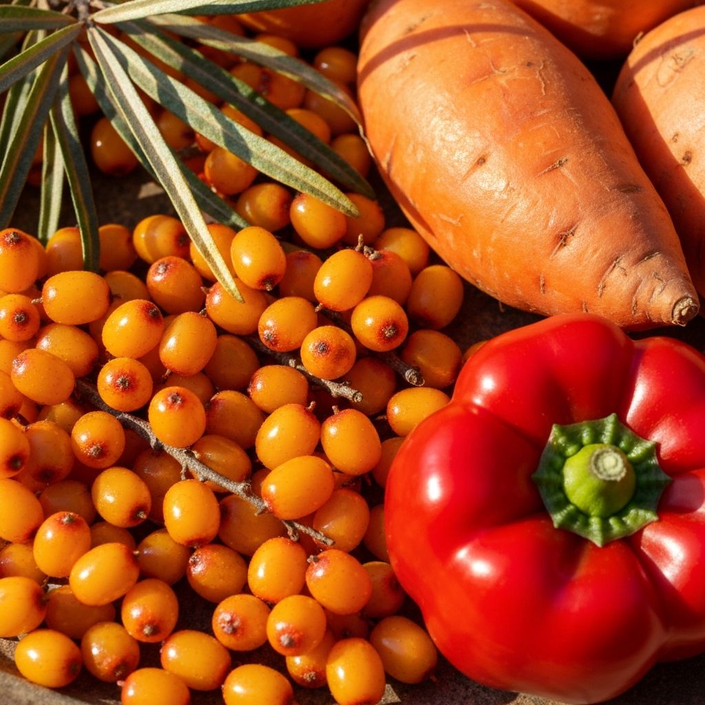 Sea buckthorn and carotenoid-rich berries in sunlight